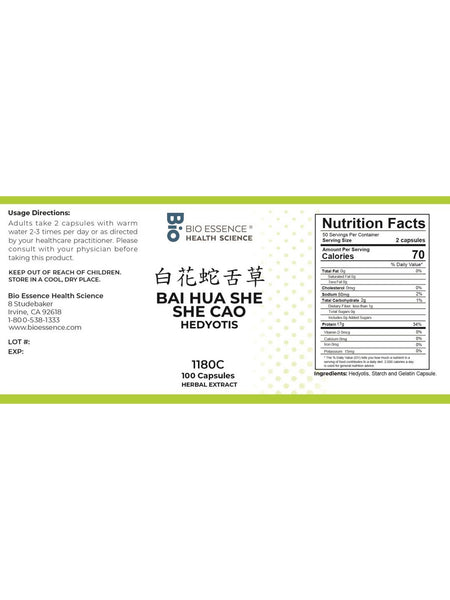 Bio Essence Health Science, Bai Hua She She Cao, Hedyotis, 5:1 Extract Capsules, 100 Capsules