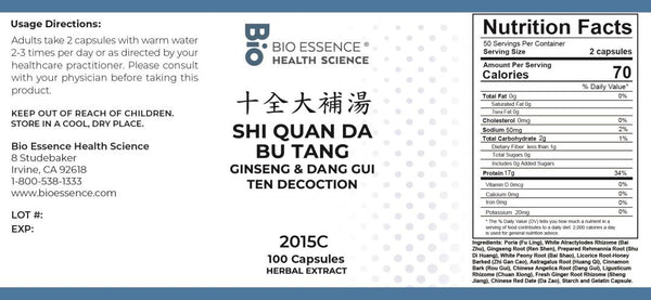 Bio Essence Health Science, Shi Quan Da Bu Tang, Ginseng & Dong Gui Ten Decoction, 100 Capsules