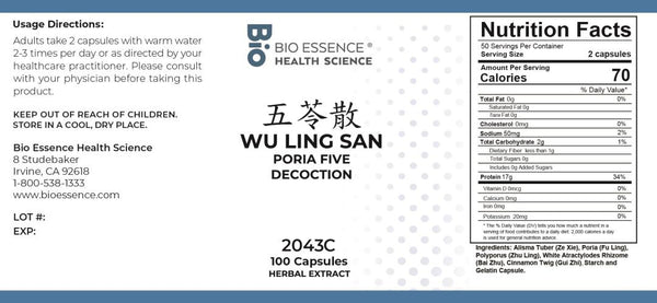 Bio Essence Health Science, Wu Ling San, Poria Five Decoction, 100 Capsules