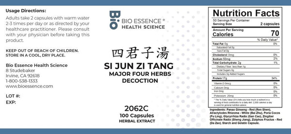 Bio Essence Health Science, Si Jun Zi Tang, Major Four Herbs Decoction, 100 Capsules