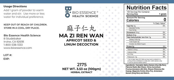 Bio Essence Health Science, Ma Zi Ren Wan, Apricot Seed & Linum Decoction, Granules, 100 grams