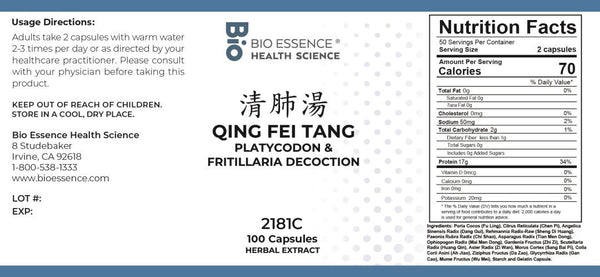 Bio Essence Health Science, Qing Fei Tang, Platycodon & Fritillaria Decoction, 100 Capsules