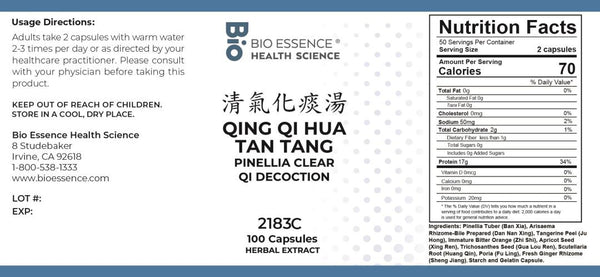 Bio Essence Health Science, Qing Qi Hua Tan Tang, Pinellia Clear Qi Decoction, 100 Capsules