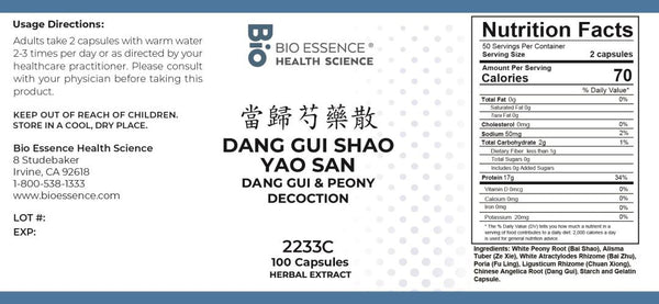 Bio Essence Health Science, Dang Gui Shao Yao San, Dang Gui & Peony Decoction, 100 Capsules