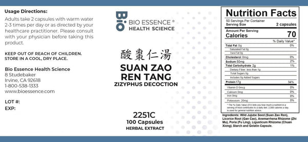 Bio Essence Health Science, Suan Zao Ren Tang, Zizyphus Decoction, 100 Capsules