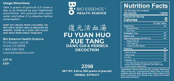 Bio Essence Health Science, Fu Yuan Huo Xue Tang, Dang Gui & Persica Decoction, Granules, 100 grams