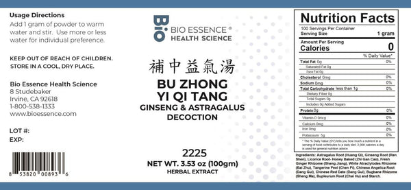 Bio Essence Health Science, Bu Zhong Yi Qi Tang, Ginseng & Astragalus Decoction, Granules, 100 grams