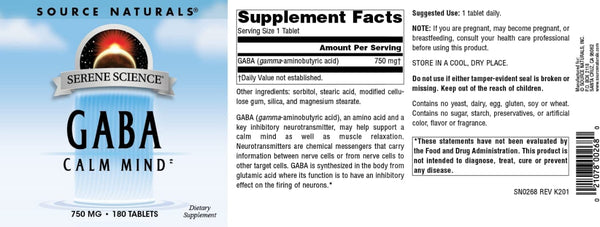 Source Naturals, Serene Science® GABA Calm Mind, 750mg, 90 tabs